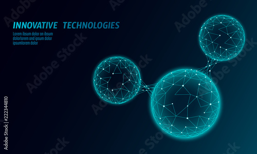 Low poly water molecule structure 3D render concept. Polygonal science research ecological technology art. Futuristic modern abstract background. H2O formula particle cell mesh vector illustration