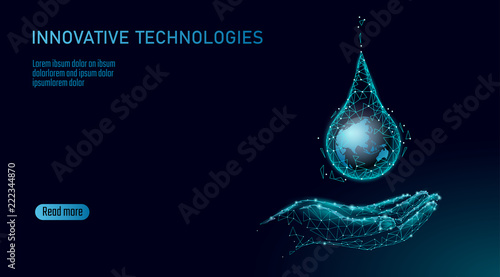 Save water hand low poly concept. Polygonal triangle ecology planet ocean sea safety banner. Water drop leak fix nature global environment care world day vector illustration