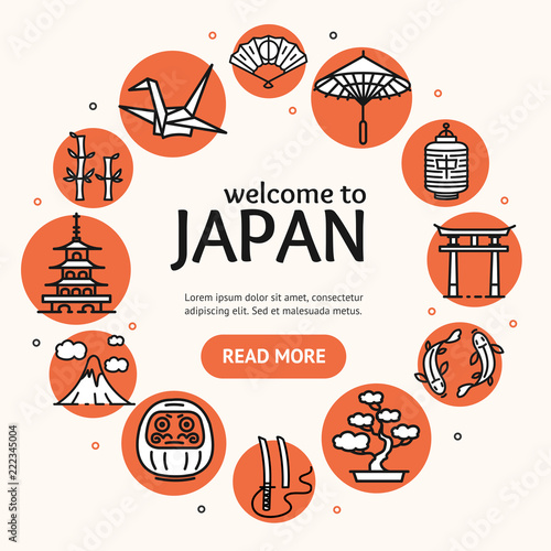 Japan Travel and Tourism Concept Card Round Design. Vector