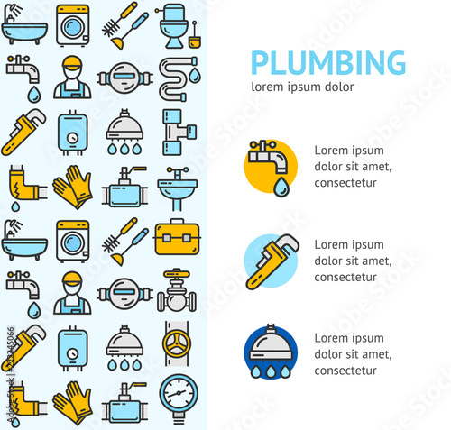 Plumbing Signs Banner Vecrtical with Color Outline Icons. Vector