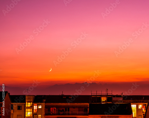 sunset in city