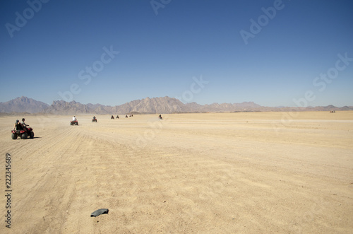 a group of people on quad bikes in the desert