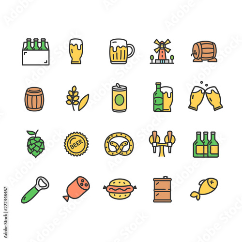 Beer and Oktoberfest Signs Color Thin Line Icon Set. Vector