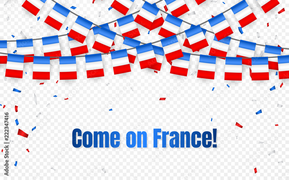 France garland flag with confetti on transparent background, Hang bunting for French celebration template banner, Vector illustration