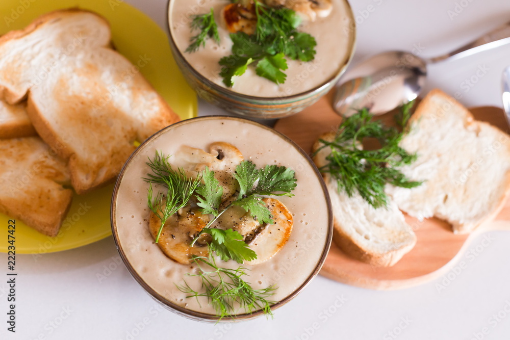 Food. Cream soup with сhampignon, greens, toasts Food. Cream soup with сhampignon, greens, toasts