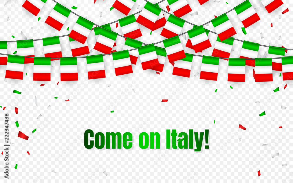 Fototapeta premium Italy garland flag with confetti on transparent background, Hang bunting for celebration template banner, Come on Italy, Vector illustration