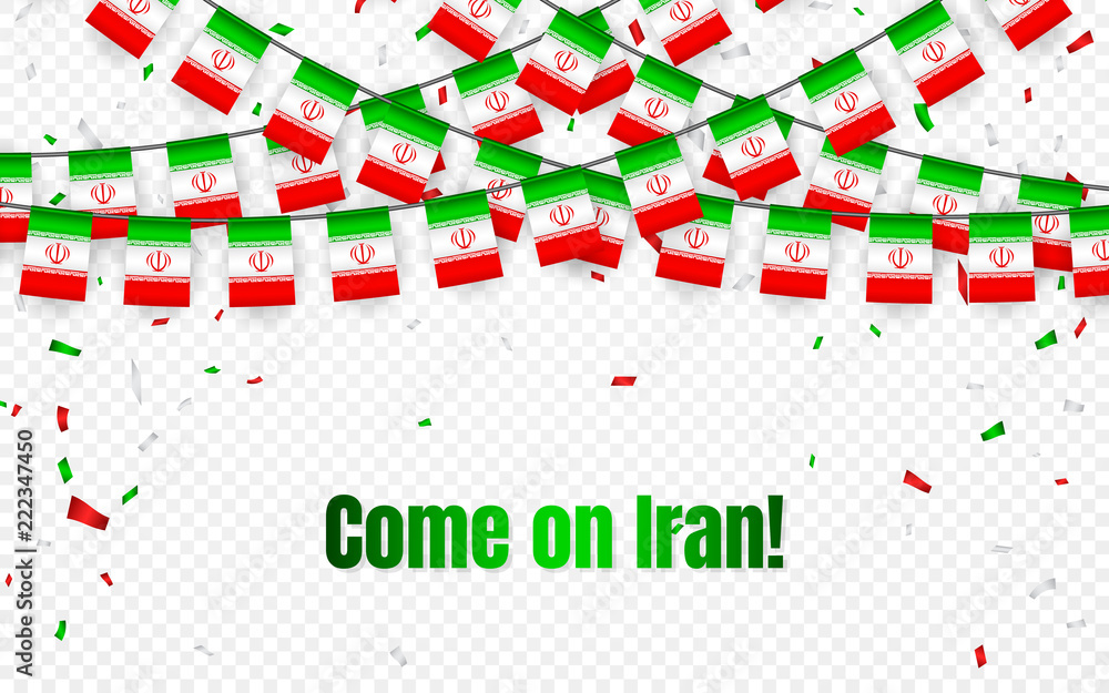 Fototapeta premium Iran garland flag with confetti on transparent background, Hang bunting for celebration template banner, Vector illustration