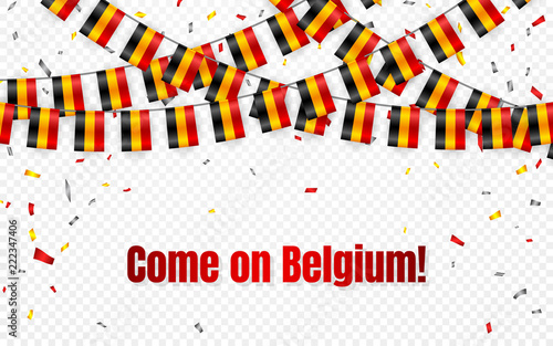Belgium flags garland on transparent background with confetti. Hang bunting for independence Day celebration template banner, Vector illustration