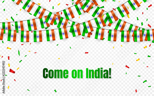 India garland flag with confetti on transparent background, Hang bunting for celebration template banner, Vector illustration