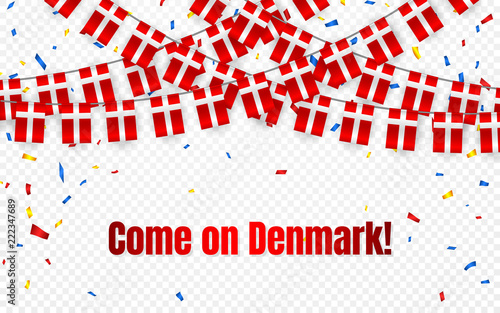 Denmark garland flag with confetti on transparent background, Hang bunting for celebration template banner, Vector illustration
