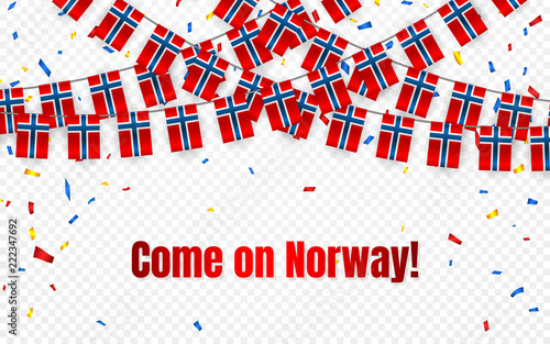 Norway garland flag with confetti on transparent background, Hang bunting for celebration template banner, Vector illustration