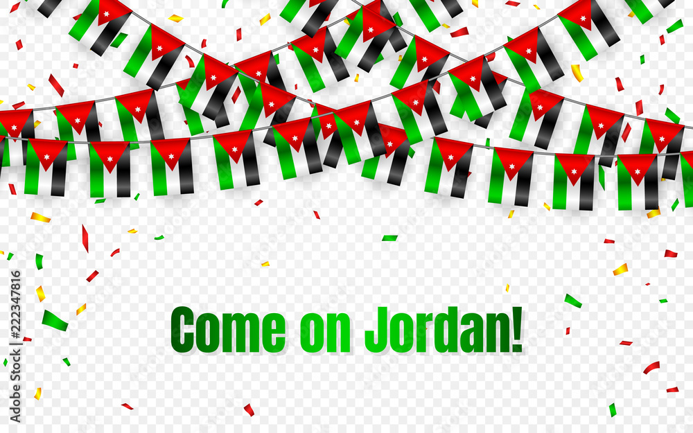Jordan garland flag with confetti on transparent background, Hang bunting for celebration template banner, Vector illustration