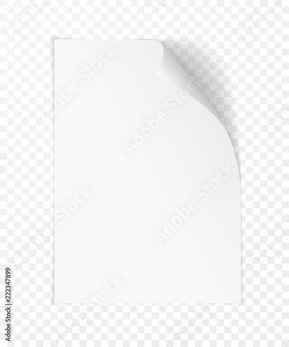 Vector white realistic paper page with curled corner. Paper sheet folded with soft shadows on light transparent background. A4 page mock up. 3d illustration. Template for your design