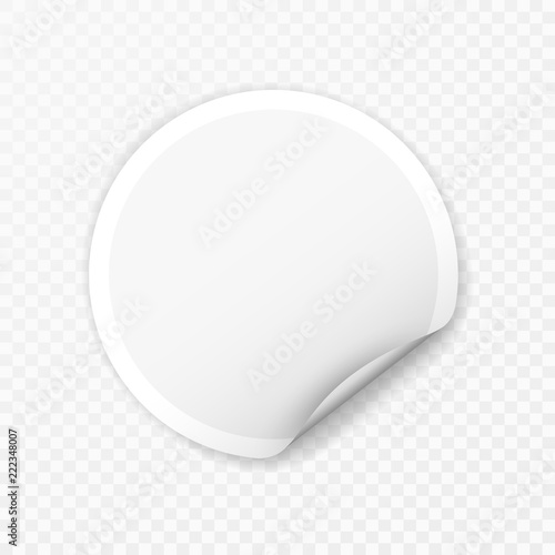 Blank round sticker with curled corners on transparent background, realistic mockup