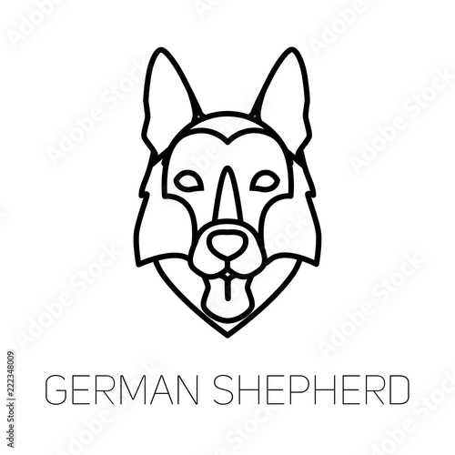 German Shepherd tongue out. Dog breed linear face icon. Isolated vector line dog head