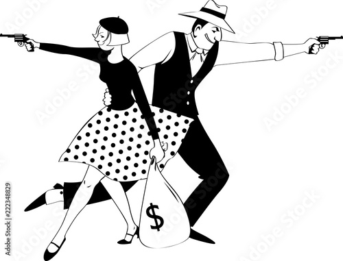Cartoon Bonnie and Clyde firing guns and holding a bank sack with money, EPS 8 vector illustration