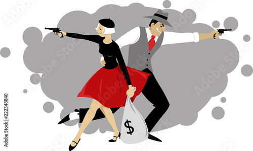 Cartoon Bonnie and Clyde firing guns and holding a bank sack with money, EPS 8 vector illustration