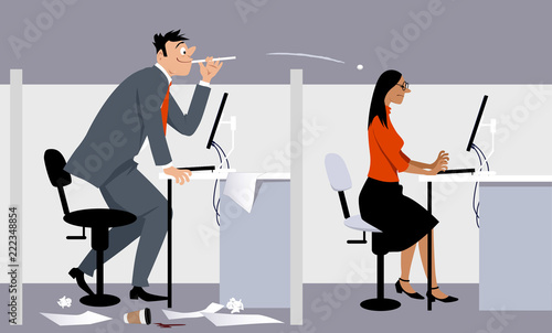 Businessman spitting paper balls at his female colleague, EPS 8 vector illustration
