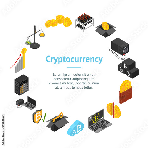Cryptocurrency Mining Blockchain Banner Card Circle Isometric View. Vector