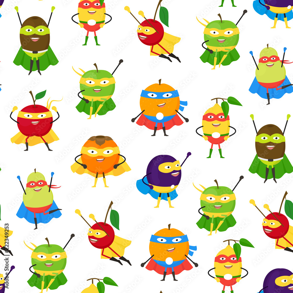 Obraz premium Cartoon Vegetables and Fruit Superhero Characters Seamless Pattern Background. Vector
