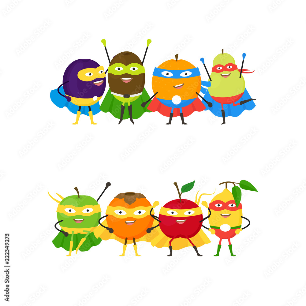 Obraz premium Cartoon Vegetables Superhero Characters Row Icon Set. Vector