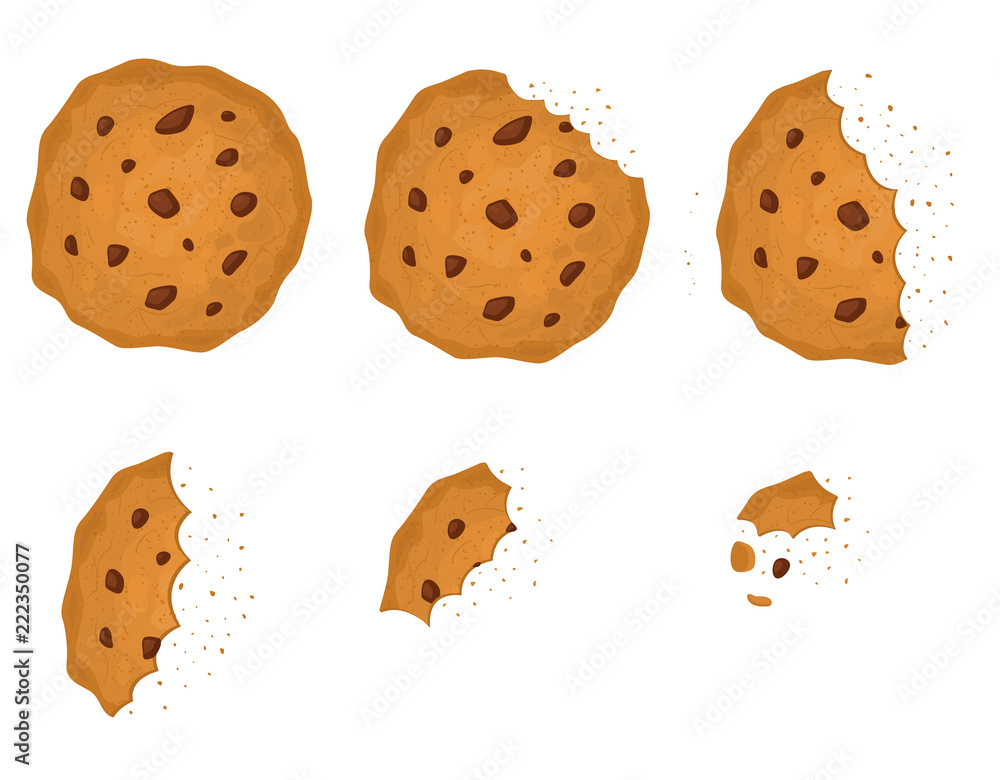 Bitten Chip Cookie with Chocolate Set. Vector Bitten Chip Cookie with Chocolate Set. Vector