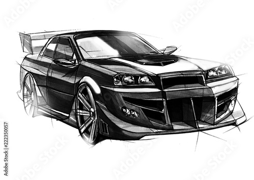 Sketch urban youth car in a sporty style with a powerful high-speed motor.