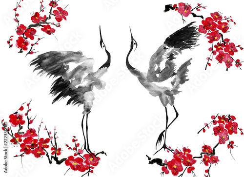 Two enamored japanese cranes bird.  Red stylized flowers of plum mei, wild apricots and sakura . Watercolor and ink illustration in style sumi-e, u-sin, go-hua Oriental traditional painting. 