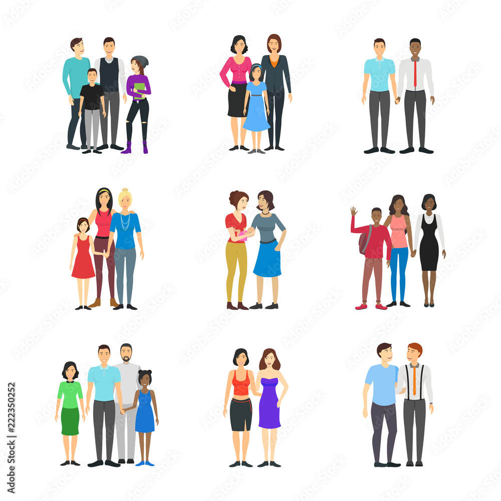 Cartoon Characters Different Homosexual Couples Families Set. Vector