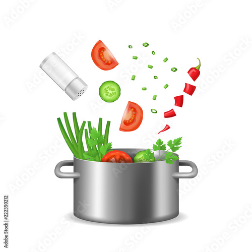 Realistic Detailed 3d Food Ingredients Fly Pot. Vector