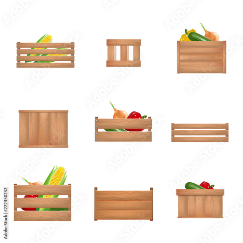 Realistic Detailed 3d Fruits Vegetables Wooden Box Set. Vector