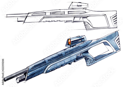 Sketch design is a project of a modern versatile lightweight rifle. photo