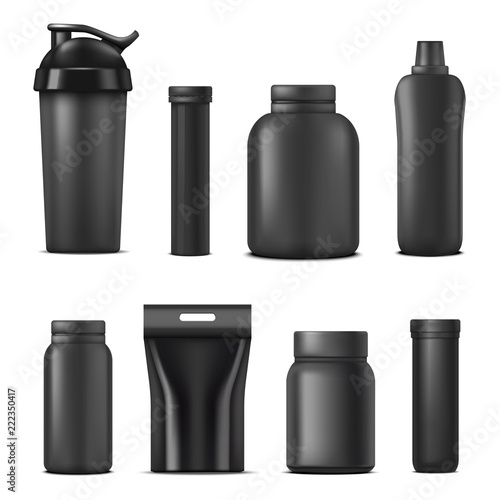 Realistic Detailed 3d Black Blank Sport Nutrition Containers Template Mockup Set. Vector