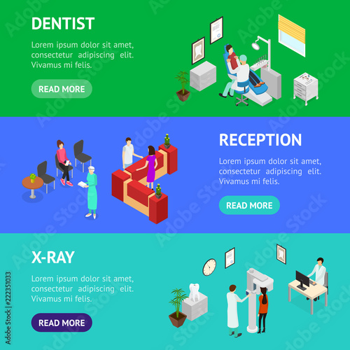 Dentistry Interior Banner Horizontal Set Isometric View. Vector