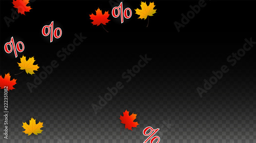 Vector Percentage Sign and Autumn Leaves Confetti on Transparent Background. Percent Sale Background. Business, Economics, Finance Print. Discount Illustration. Promotion poster. Black Friday Banner. 
