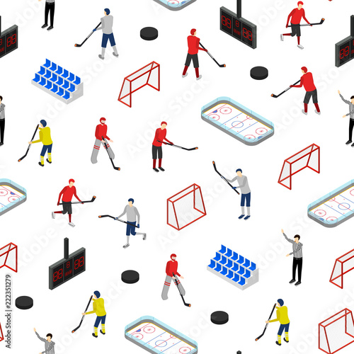 Ice Hockey Competition Concept Seamless Pattern Background 3d Isometric View. Vector