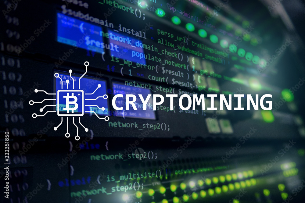 Obraz premium Cryptocurrency mining concept on server room background.
