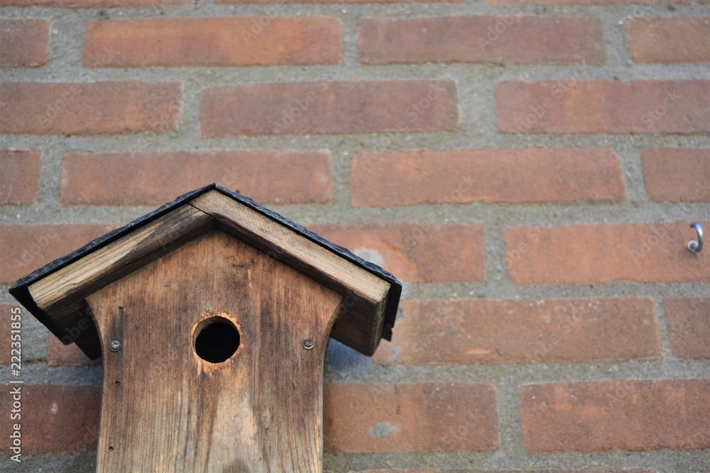 A birdhouse on a brick wall