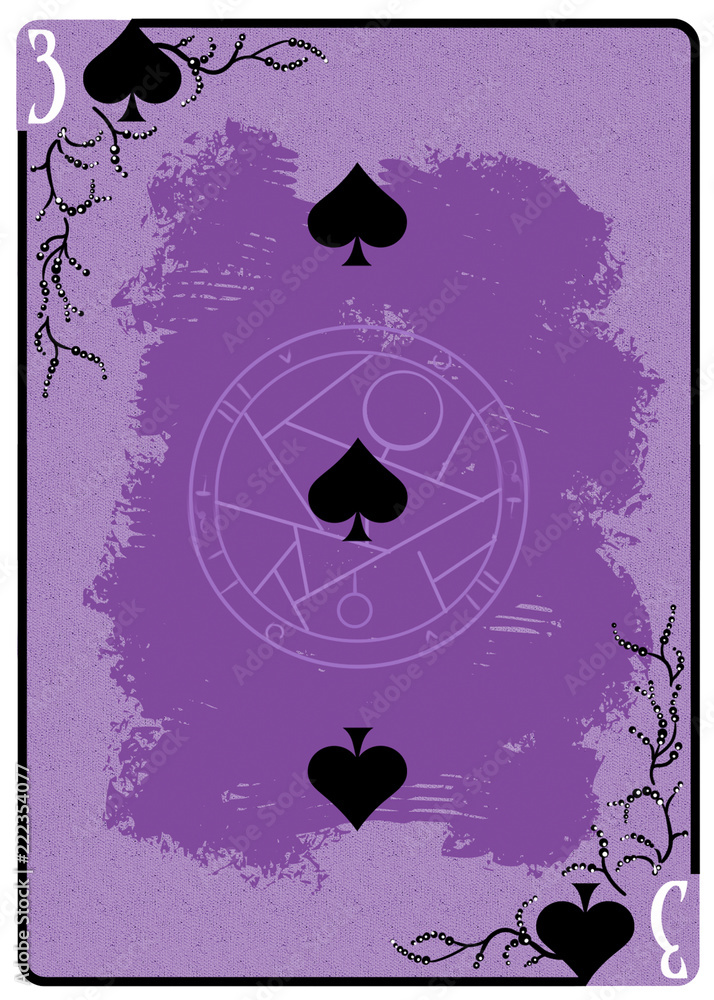 Three of Spades playing card. Unique hand drawn pocker card. One of 52