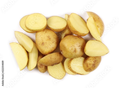 Fresh organic potato slices isolated on white background, top view