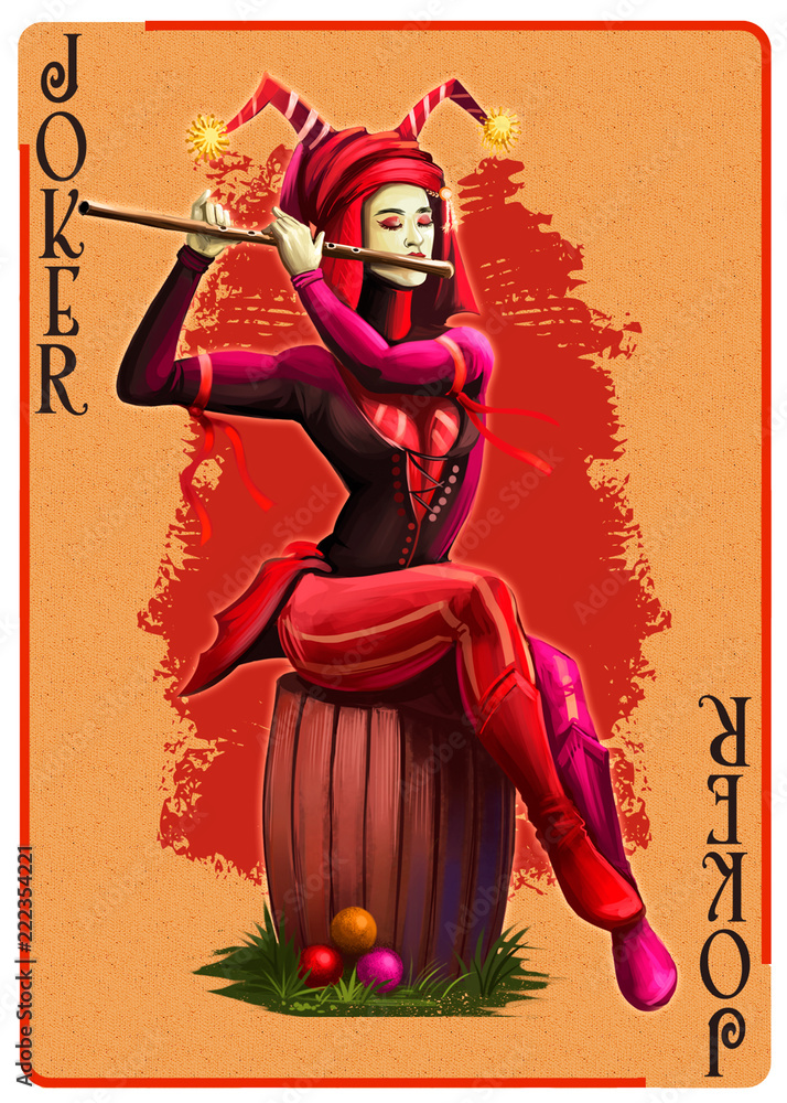 Joker playing card. Unique hand drawn pocker card. One of 52 cards in