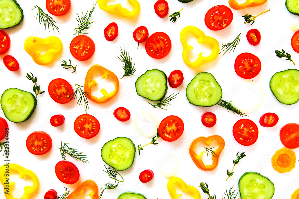 Collection of sliced vegetables and herbs. Collection of sliced vegetables and herbs.