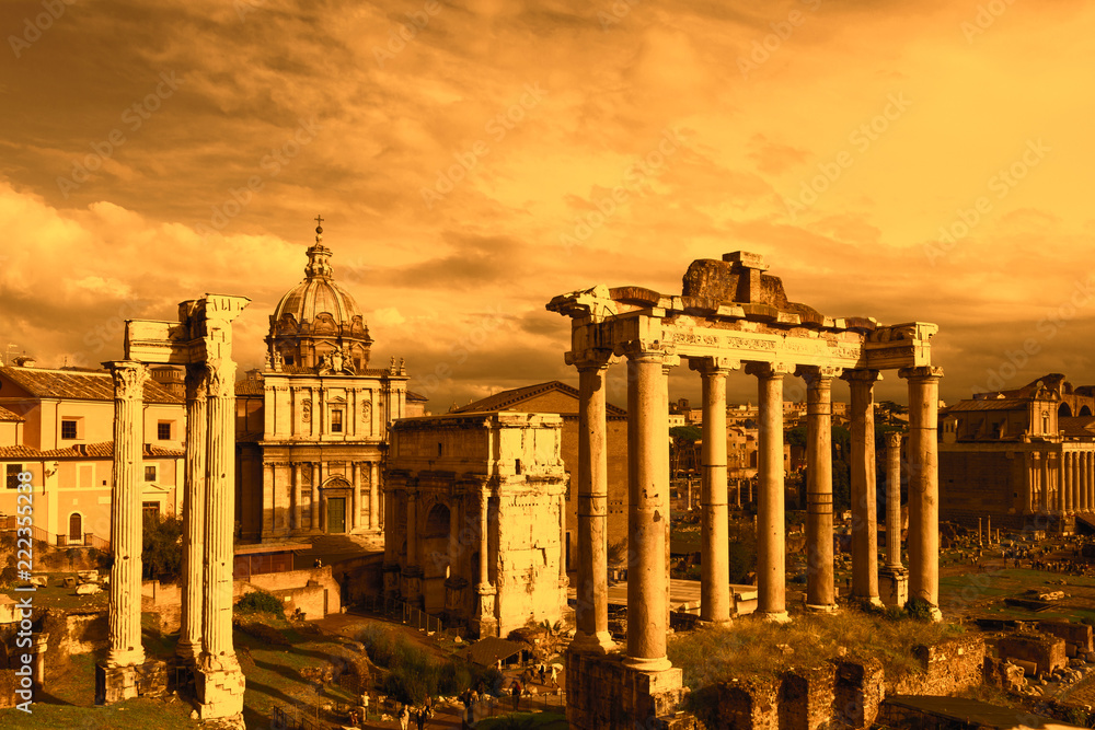 Ancient Forum in Rome, Italy. Amber light. Copy space.