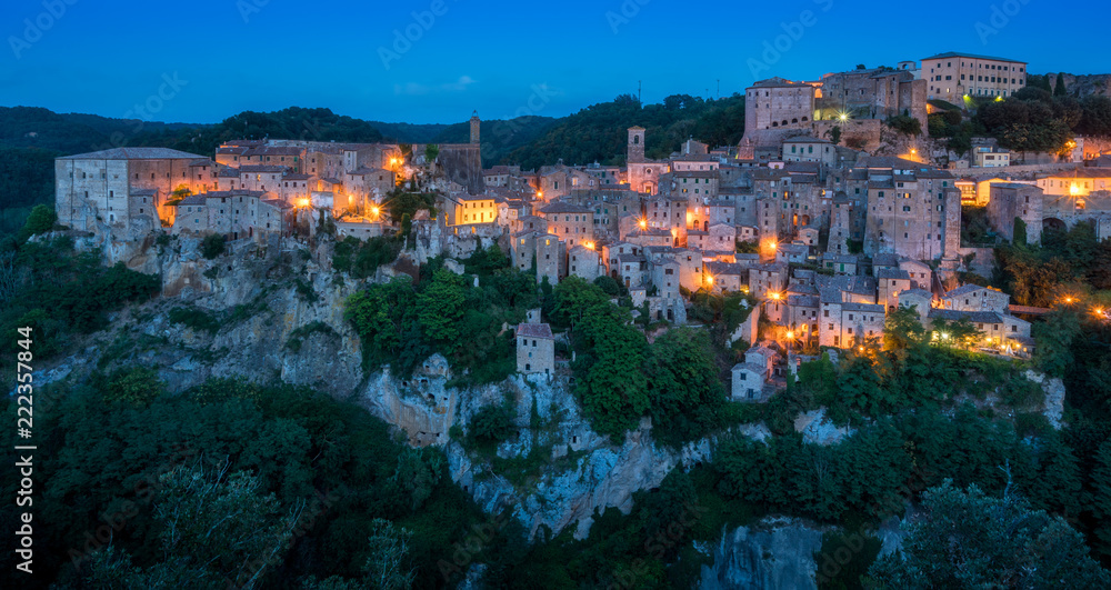 Panoramic sight of Sorano in the evening, in the Province of Grosseto, Tuscany (Toscana), Italy.