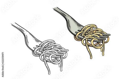 Spaghetti on fork. Vector vintage engraving color and black illustration