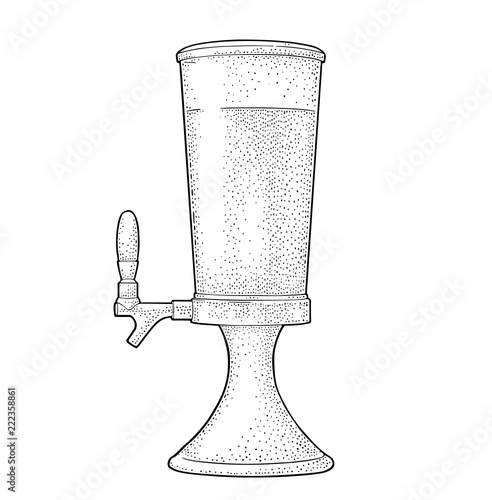 Beer tower with tap. Vintage vector engraving illustration for web, poster, invitation to beer party.