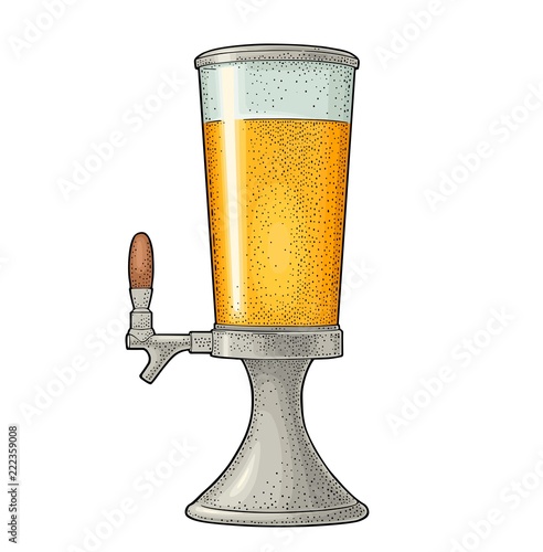 Beer tower with tap. Vintage vector engraving illustration for web, poster, invitation to beer party.