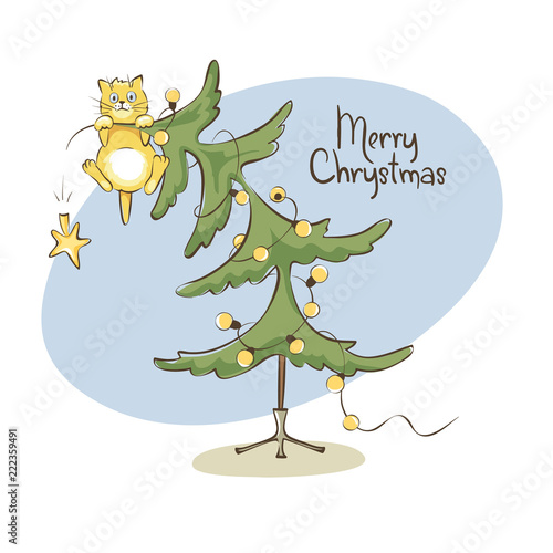 Cat on the christmas tree / Vector illustration, funny cat climbed onto the top and hung