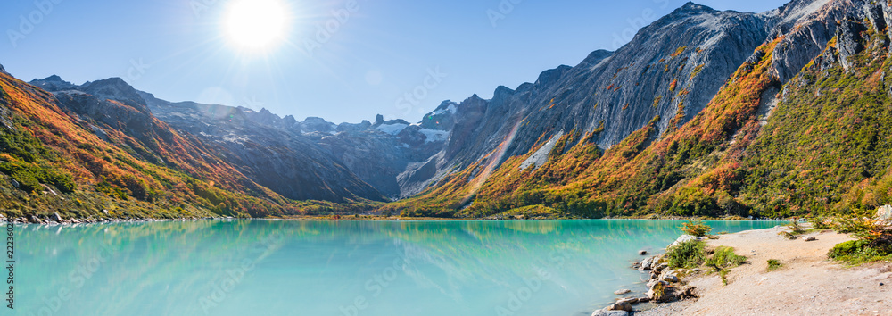 Εκτύπωση καμβά Esmeralda lake and Beautiful landscape of lenga forest, mountains at Tierra del