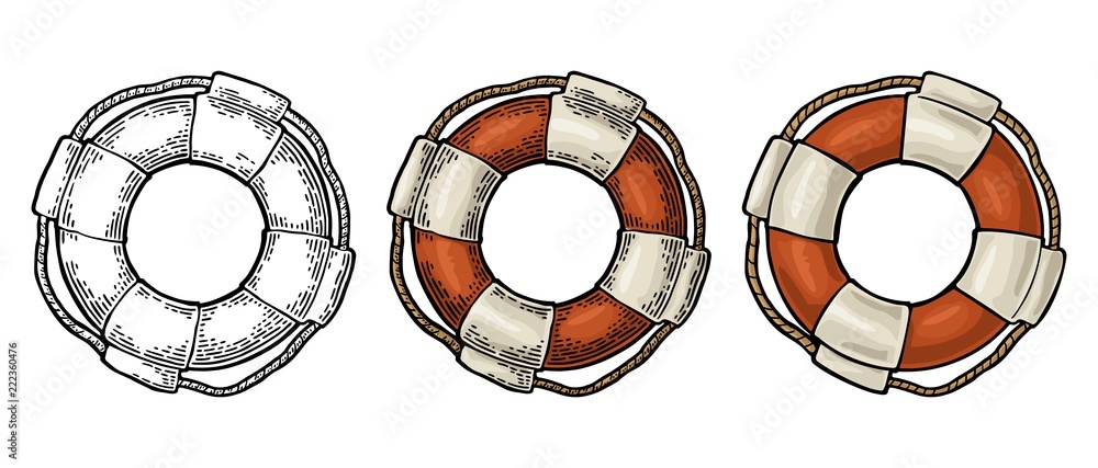 Obraz premium Lifebuoy with rope isolated on white background. Vector vintage engraving